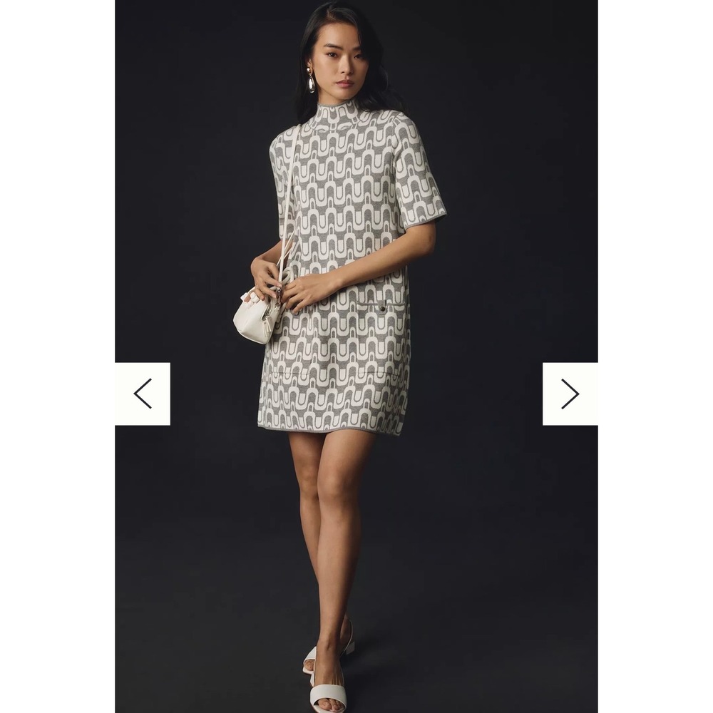 NWOT Anthropologie Maeve Geometric Knit Mock Neck Mini Shift Dress Grey White